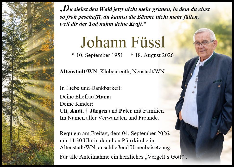 Traueranzeige Johann Füssl, Altenstadt/WN