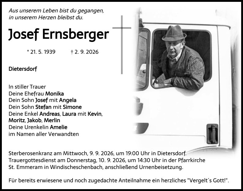 Traueranzeige Josef Ernsberger, Dietersdorf