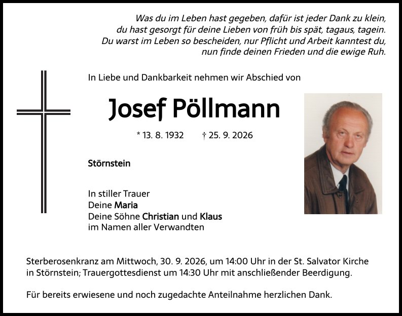 Traueranzeige Josef Pöllmann, Störnstein