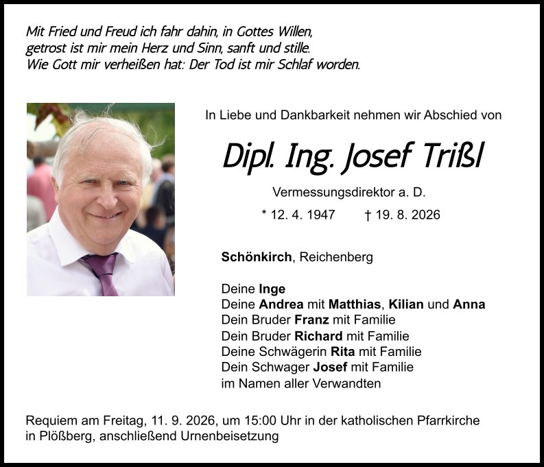 Traueranzeige Josef Trißl, Schönkirch