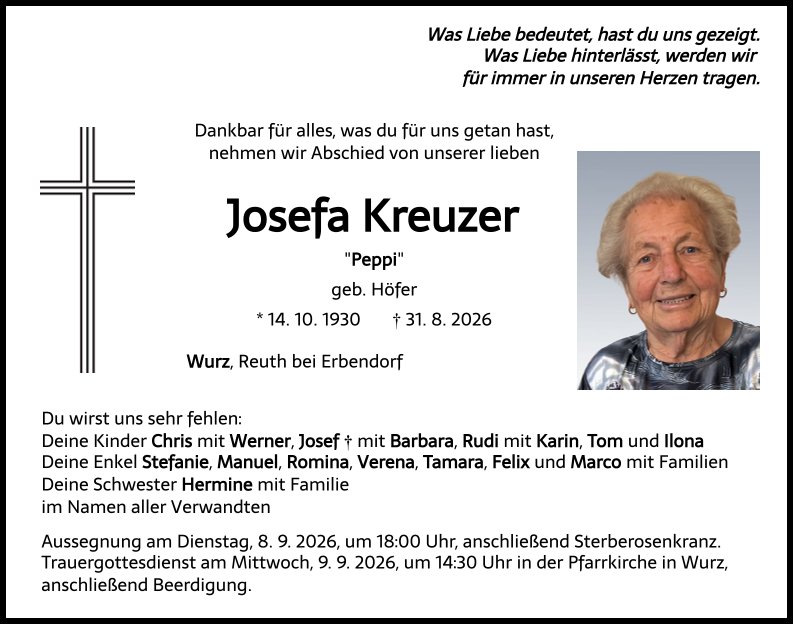 Traueranzeige Josefa Kreuzer, Wurz