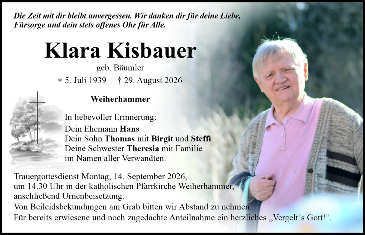 Traueranzeige Klara Kisbauer, Weiherhammer