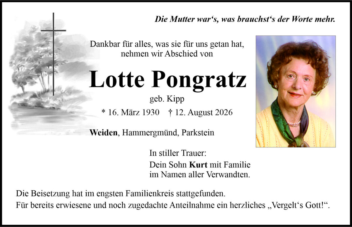 Traueranzeige Lotte Pongratz, Weiden