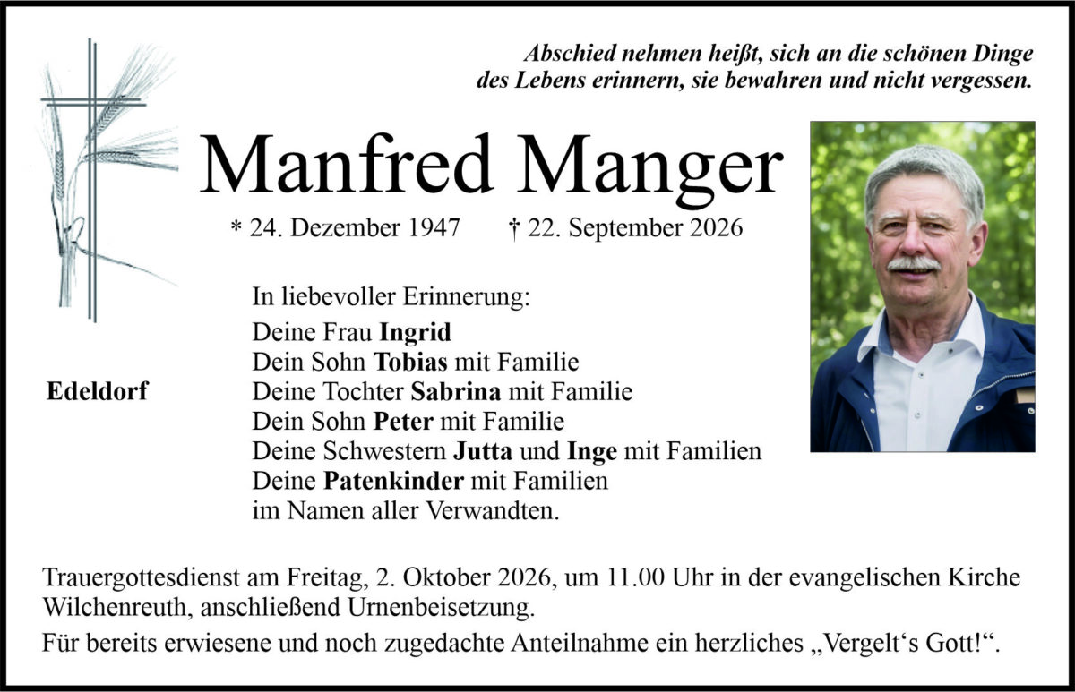Traueranzeige Manfred Manger, Edeldorf