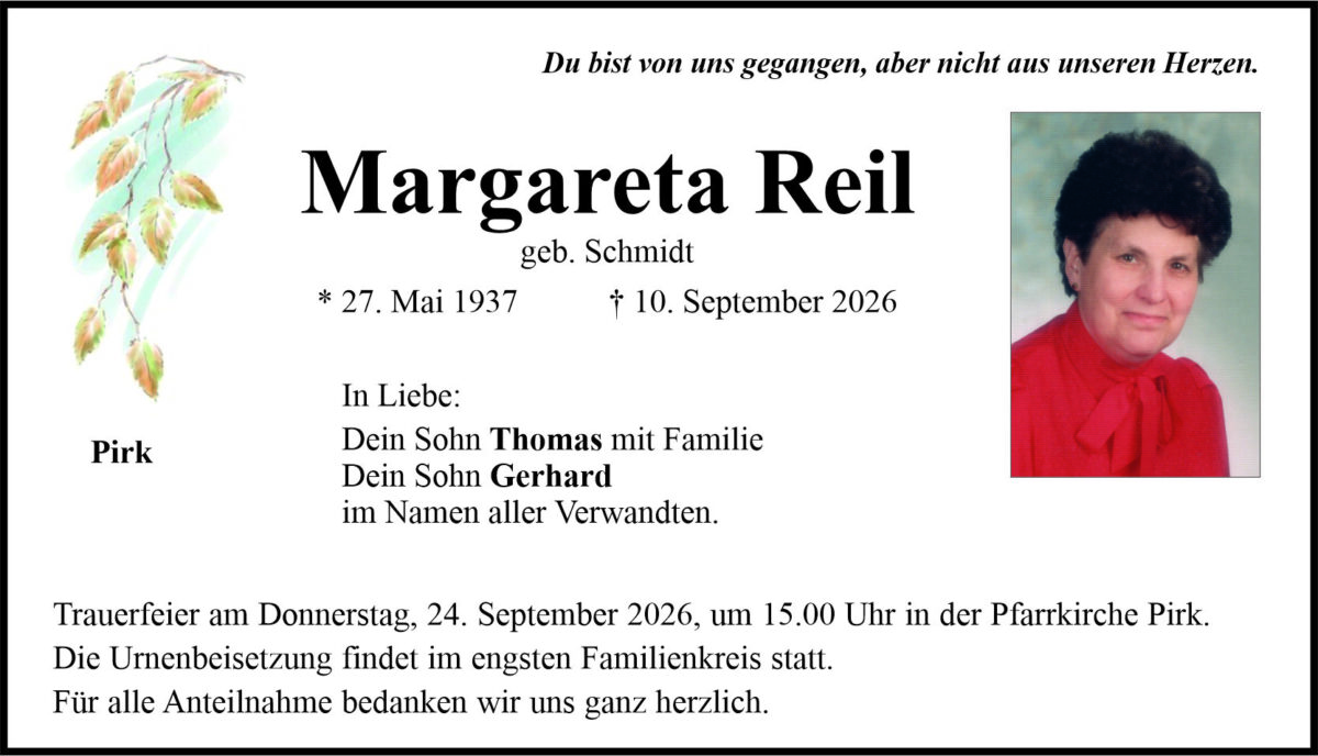 Traueranzeige Margareta Reil, Pirk