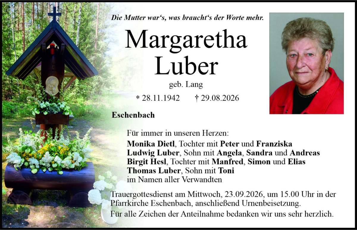 Traueranzeige Margaretha Luber, Eschenbach