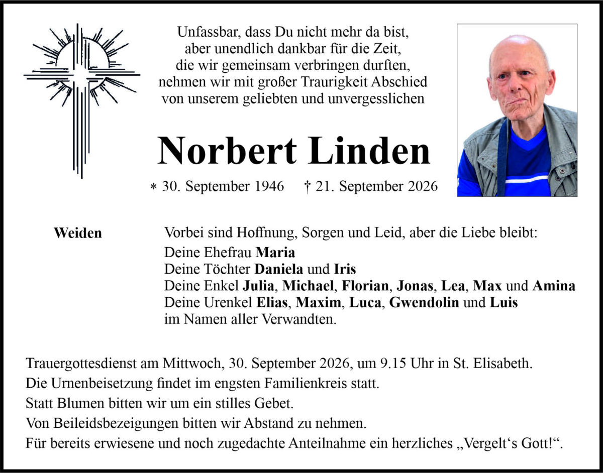 Traueranzeige Norbert Linden, Weiden
