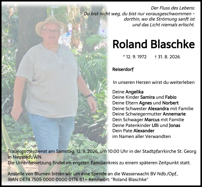 Traueranzeige Roland Blaschke, Reiserdorf