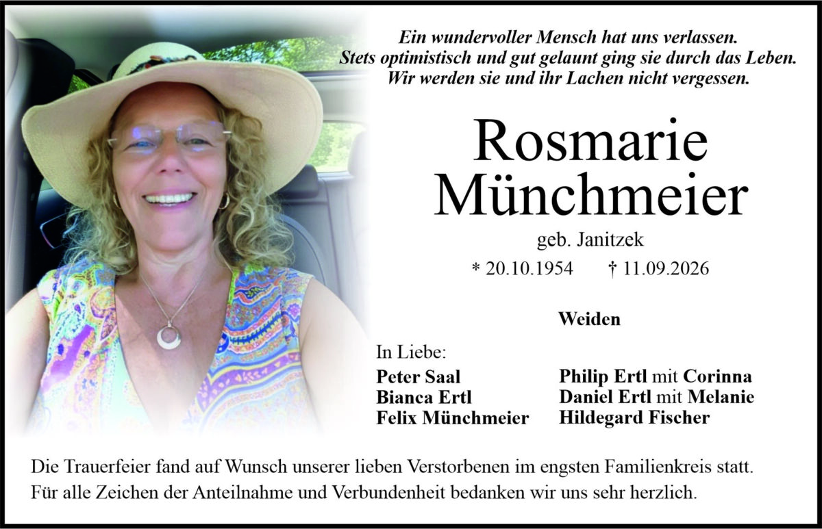 Traueranzeige Rosmarie Münchmeier, Weiden