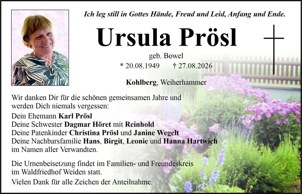 Traueranzeige Ursula Prösl, Kohlberg, Weiherhammer