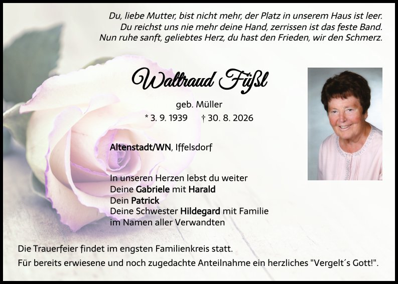 Traueranzeige Waltraud Füßl, Altenstadt/WN