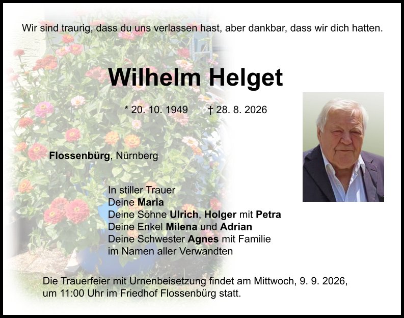Traueranzeige Wilhelm Helget, Flossenbürg