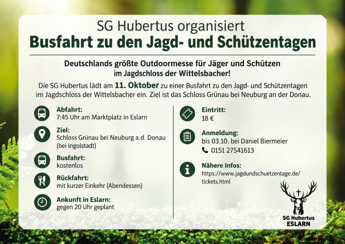 SG Hubertus organisiert Busfahrt zu den Internationalen Jagd- und Schützentagen Schloss Grünau