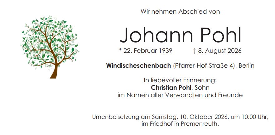Traueranzeige Johann Pohl, Weiden