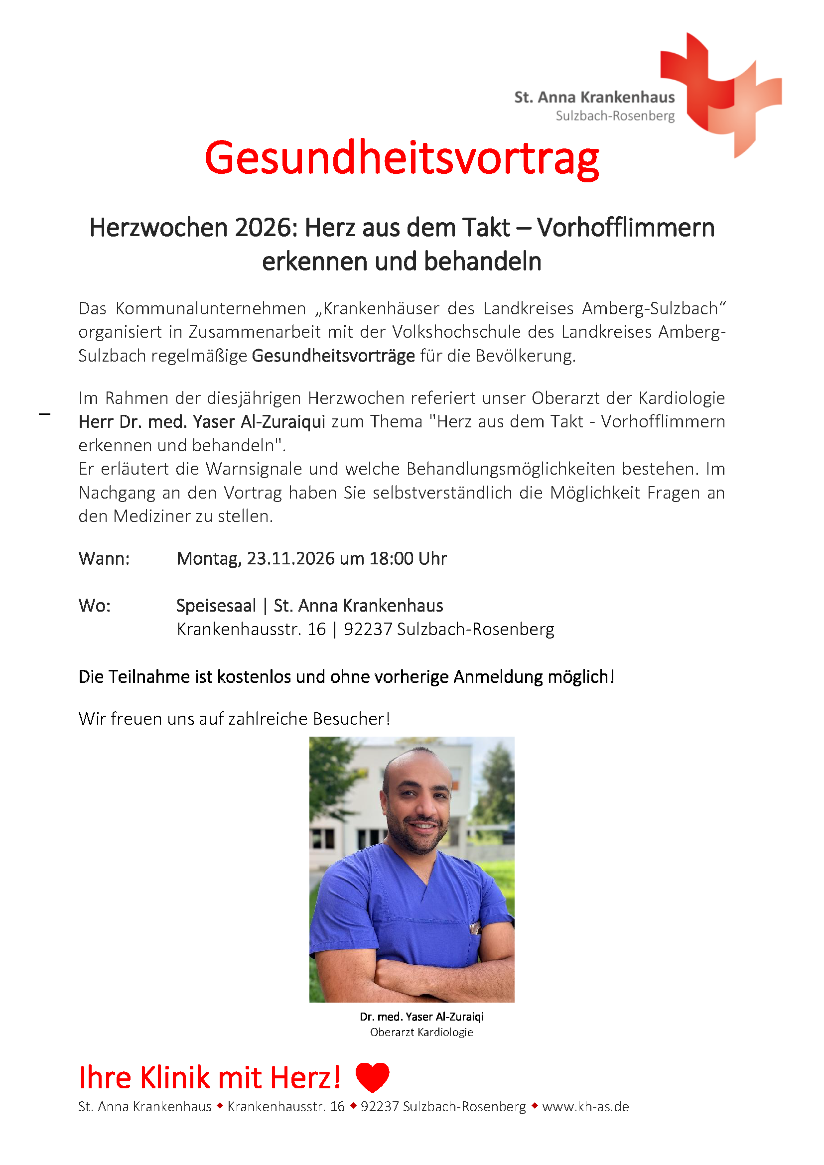 Gesundheitsvortrag: „Herzwochen 2026: Herz aus dem Takt – Vorhofflimmern erkennen und behandeln"