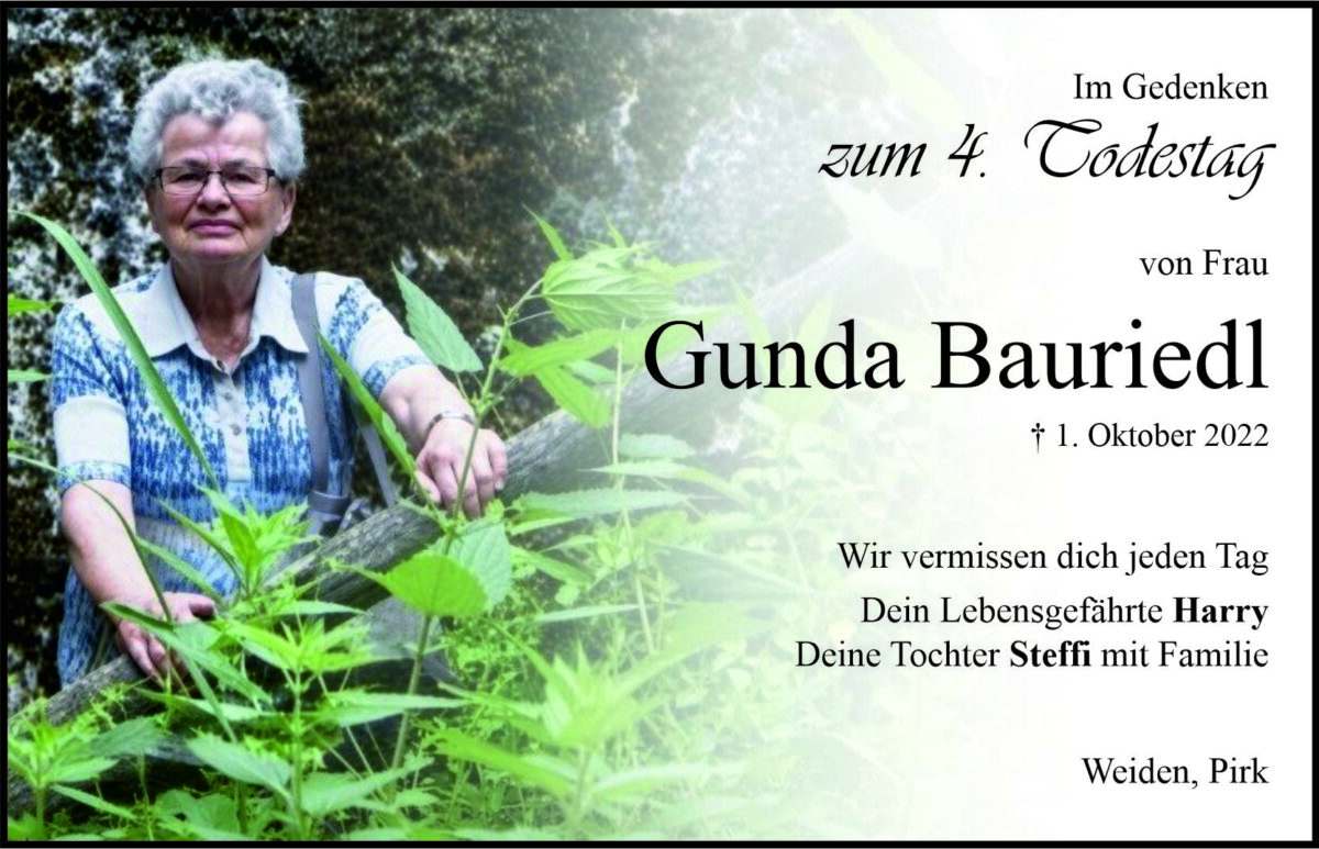 Gedenkanzeige Gunda Bauriedl, Weiden, Pirk