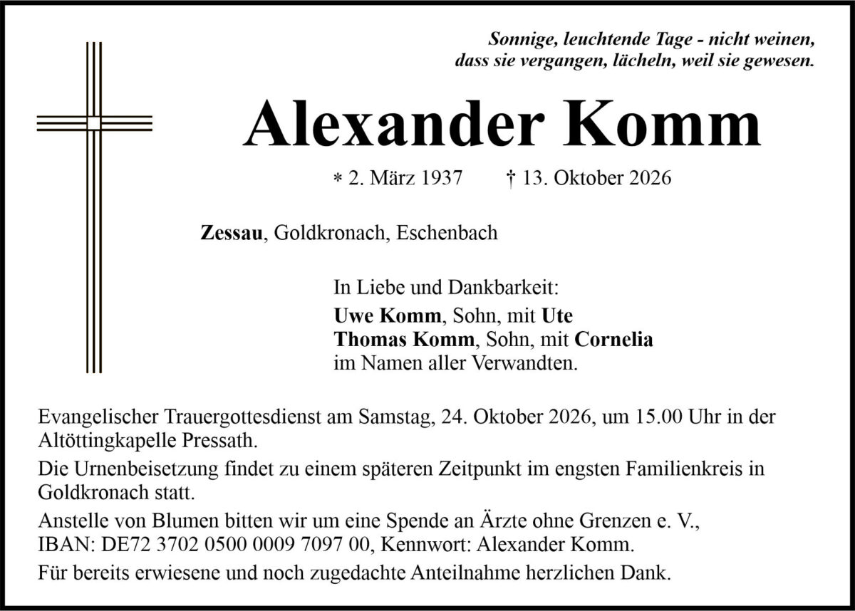 Traueranzeige Alexander Komm, Zessau
