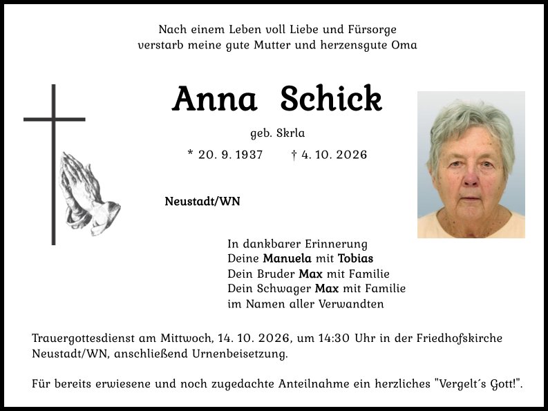 Traueranzeige Anna Schick, Neustadt/WN