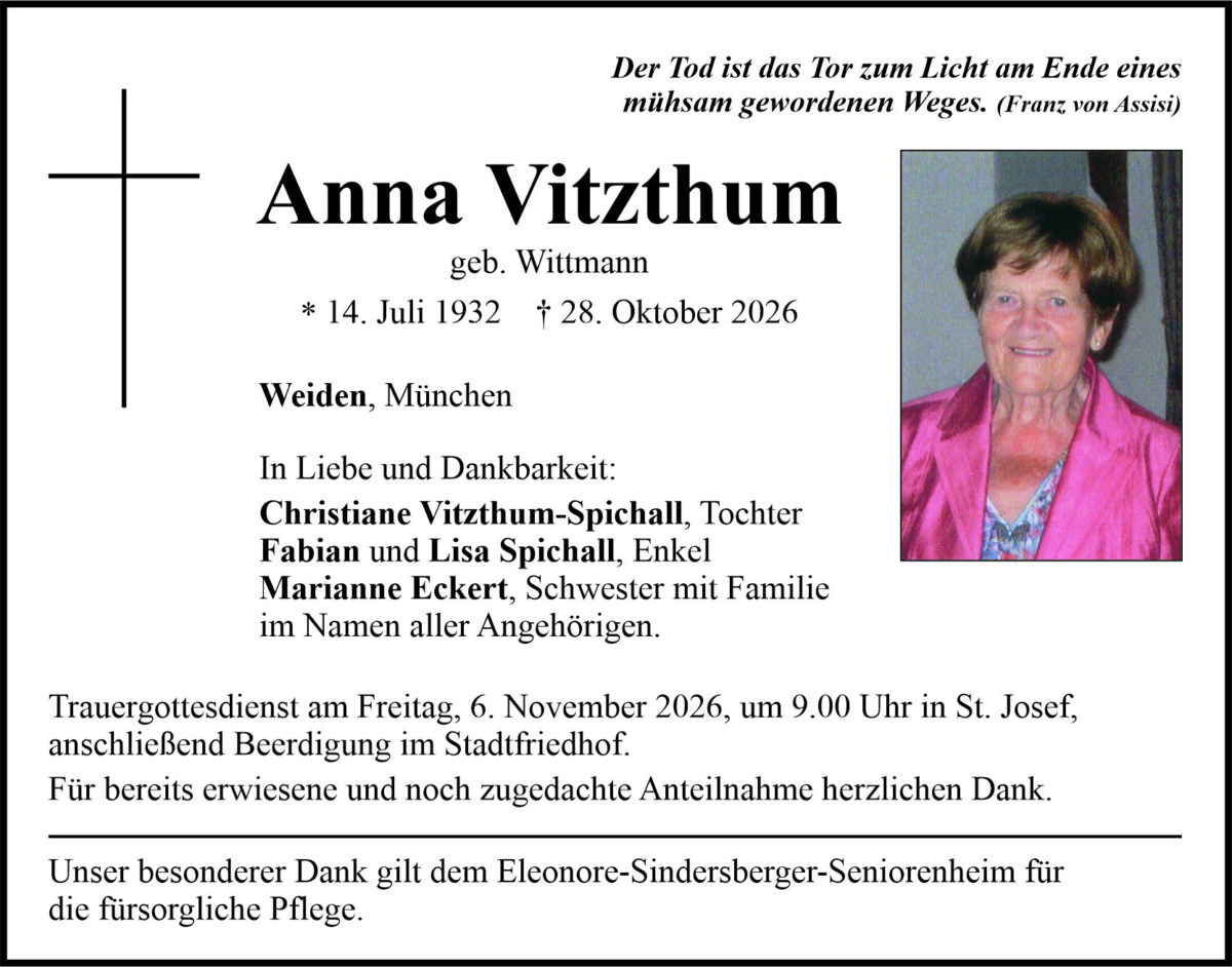 Traueranzeige Anna Vitzthum, Weiden