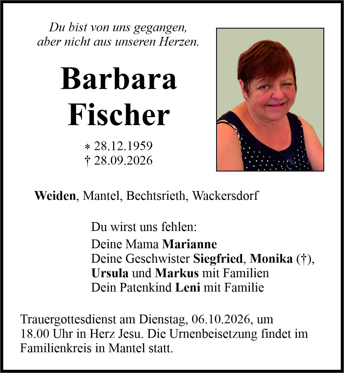 Traueranzeige Barbara Fischer, Weiden