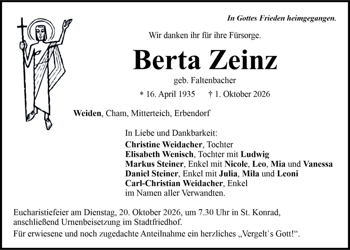 Traueranzeige Berta Zeinz, Weiden