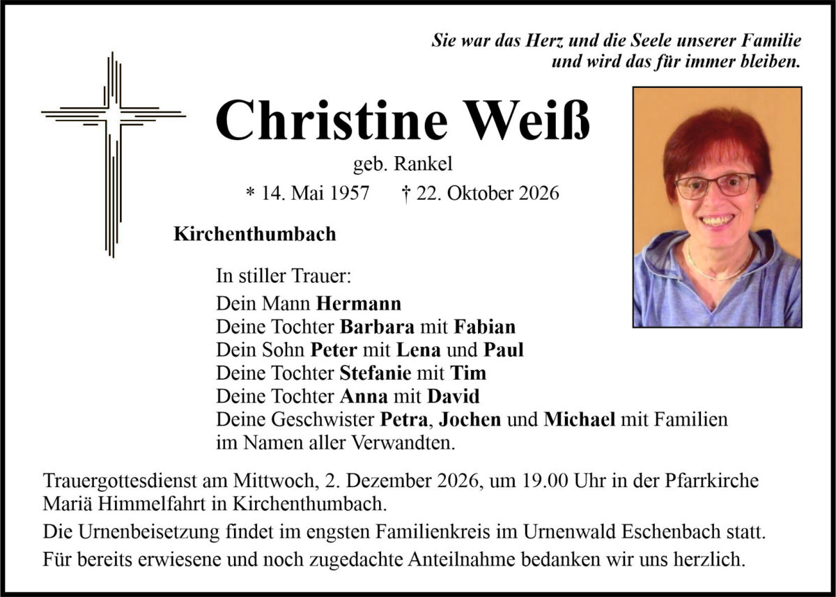 Traueranzeige Christine Weiß, Kirchenthumbach