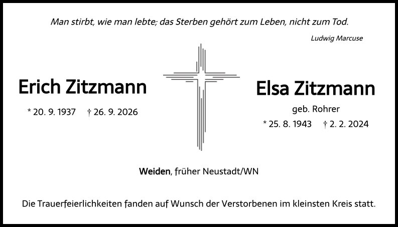 Traueranzeige Elsa und Erich Zitzmann, Weiden