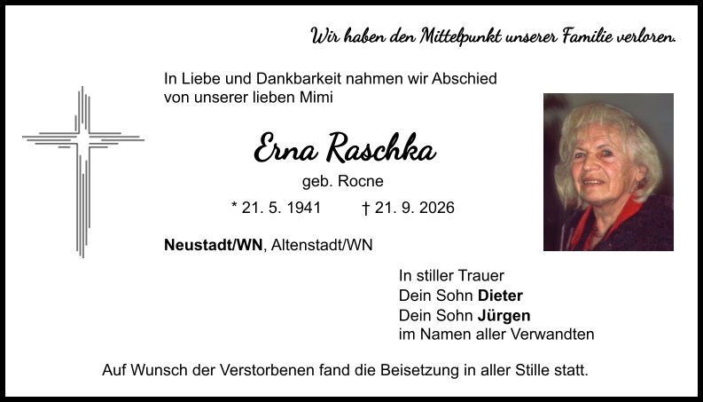 Traueranzeige Erna Raschka, Neustadt/WN