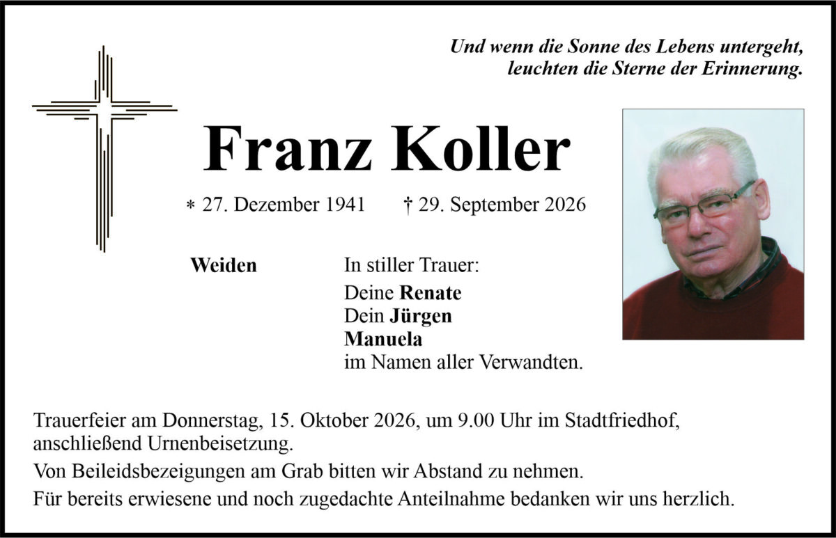 Traueranzeige Franz Koller, Weiden