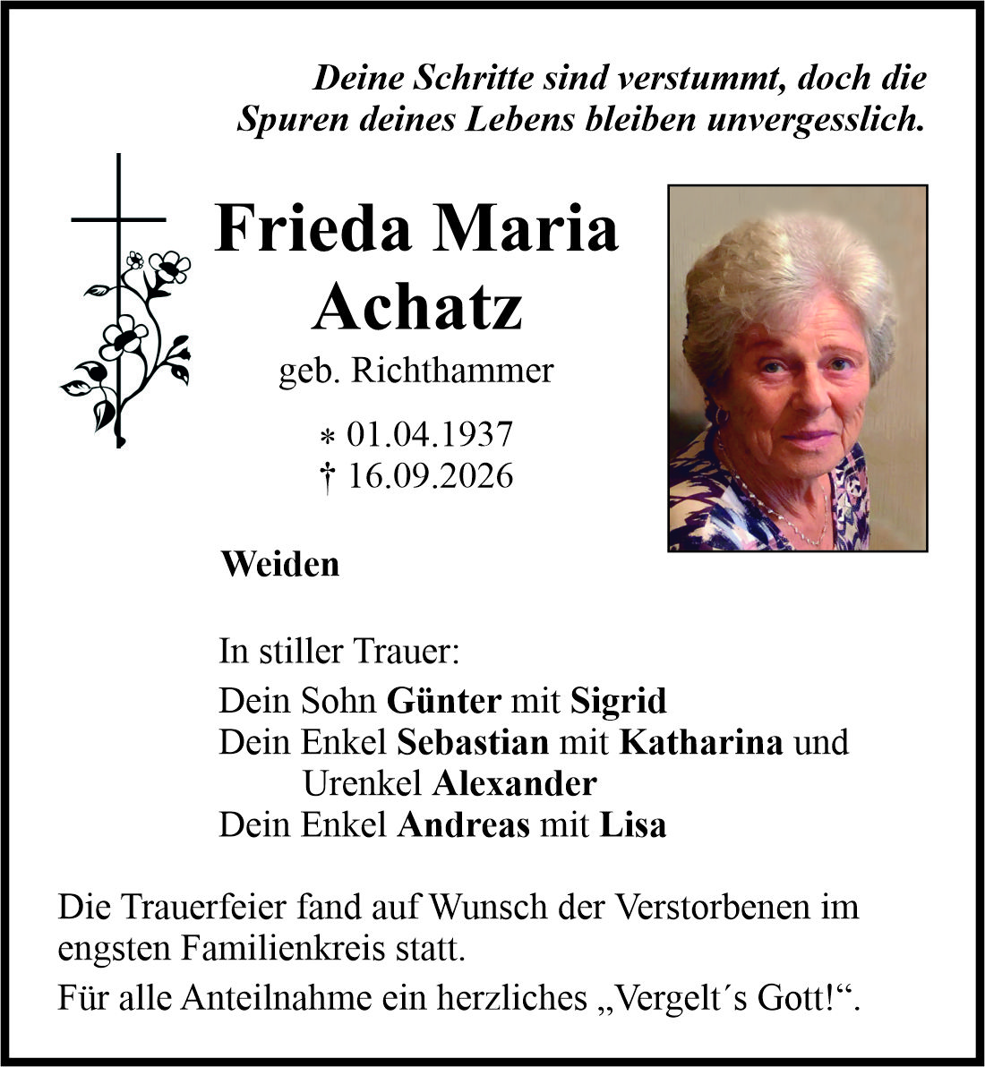 Traueranzeige Frieda Maria Achatz, Weiden