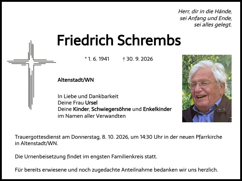 Traueranzeige Friedrich Schrembs, Altenstadt/WN