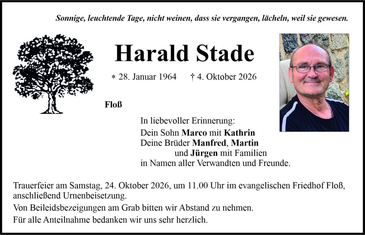 Traueranzeige Harald Stade, Floß