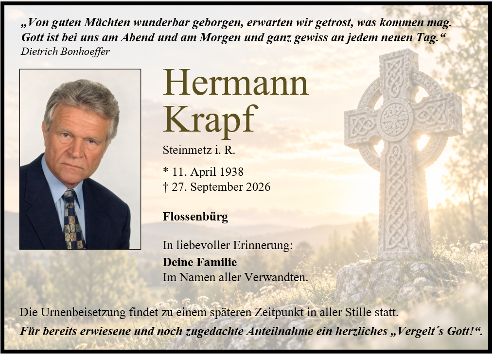 Traueranzeige Hermann Krapf, Flossenbürg