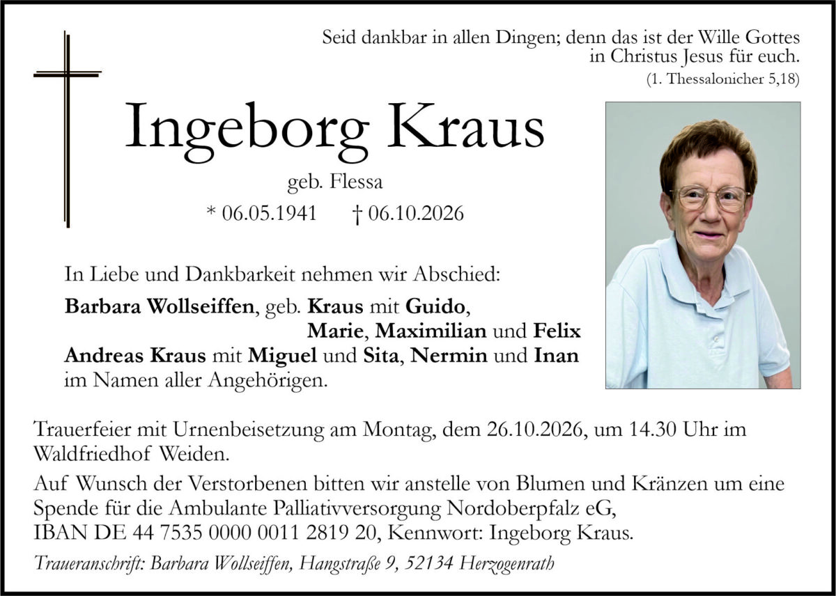 Traueranzeige Ingeborg Kraus, Weiden