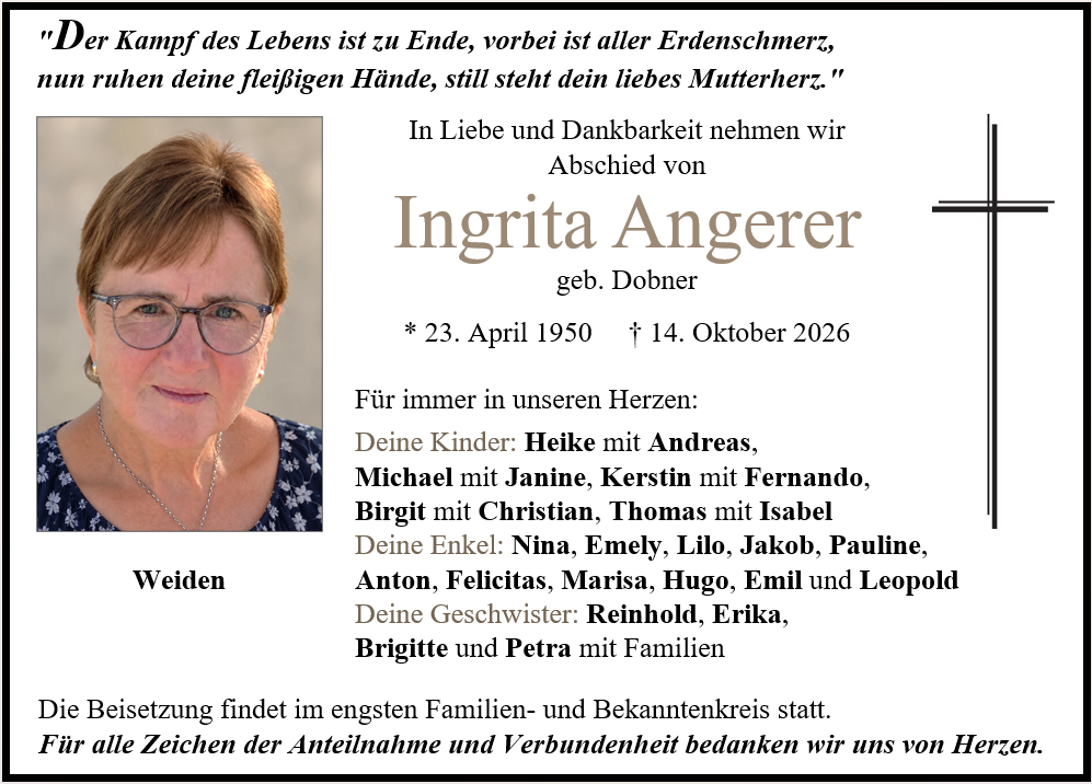 Traueranzeige Ingrita Angerer, Weiden