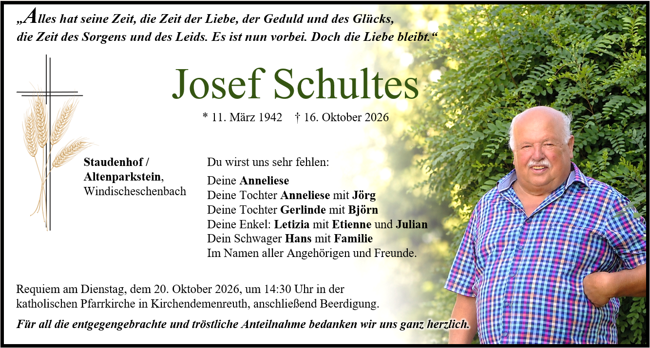Traueranzeige Josef Schultes, Kirchendemenreuth