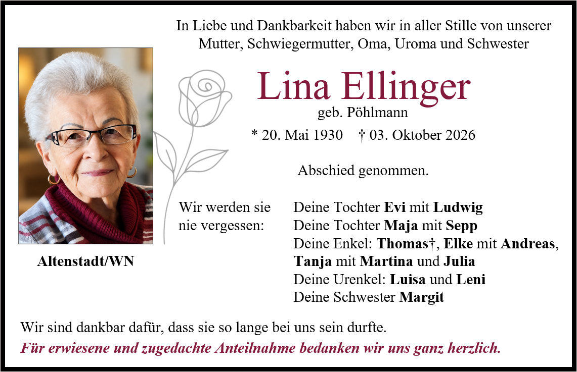 Traueranzeige Lina Ellinger, Altenstadt/WN