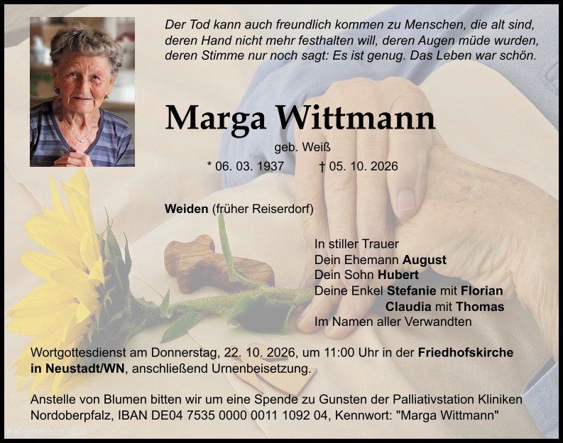 Traueranzeige Marga Wittmann, Neustadt/WN
