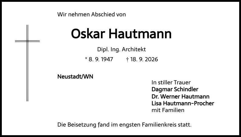 Traueranzeige Oskar Hautmann, Neustadt/WN