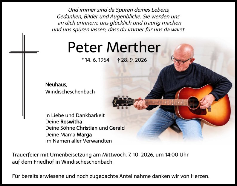 Traueranzeige Peter Merther, Neuhaus