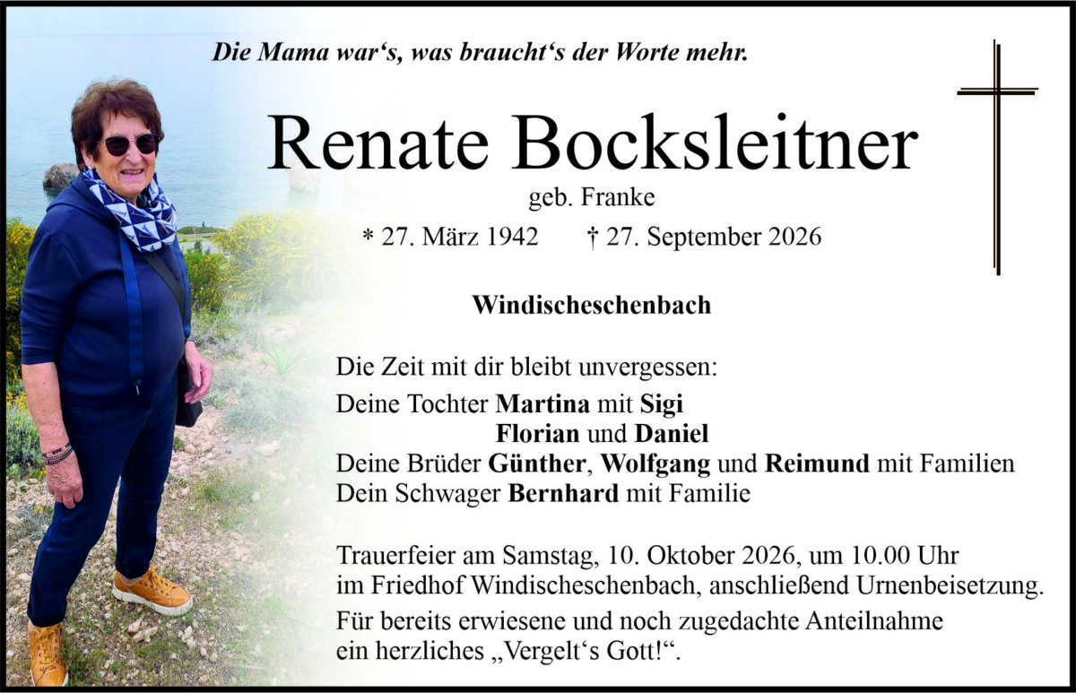 Traueranzeige Renate Bocksleitner, Windischeschenbach