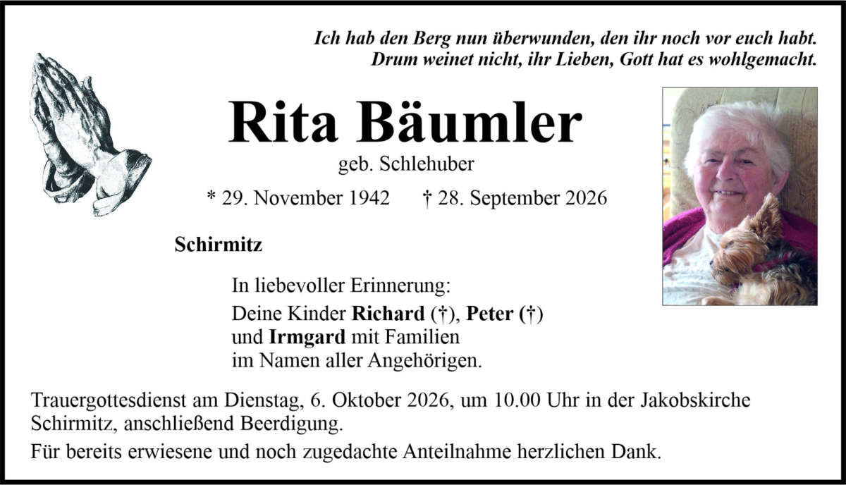 Traueranzeige Rita Bäumler, Schirmitz