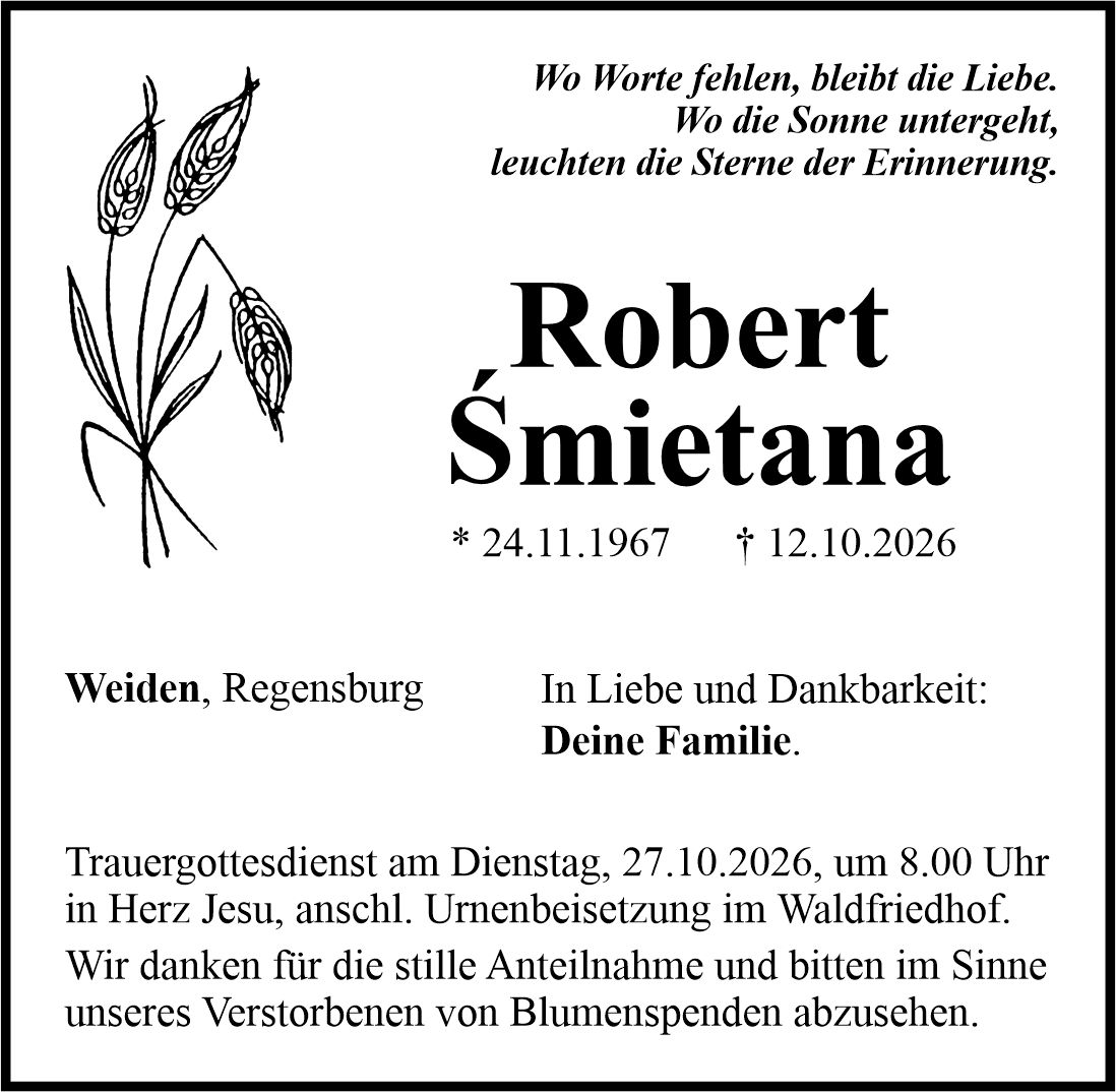 Traueranzeige Robert Smietana, Weiden