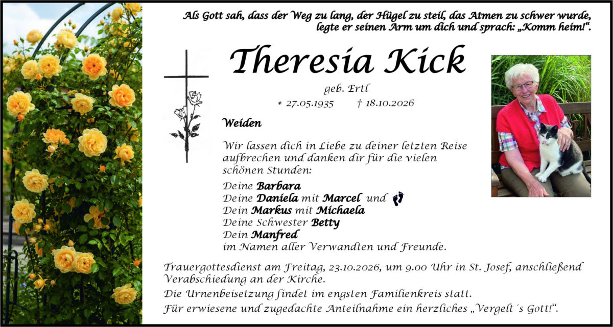 Traueranzeige Theresia Kick, Weiden