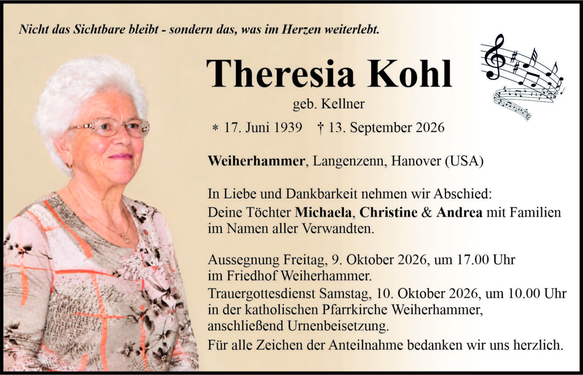 Traueranzeige Theresia Kohl, Weiherhammer