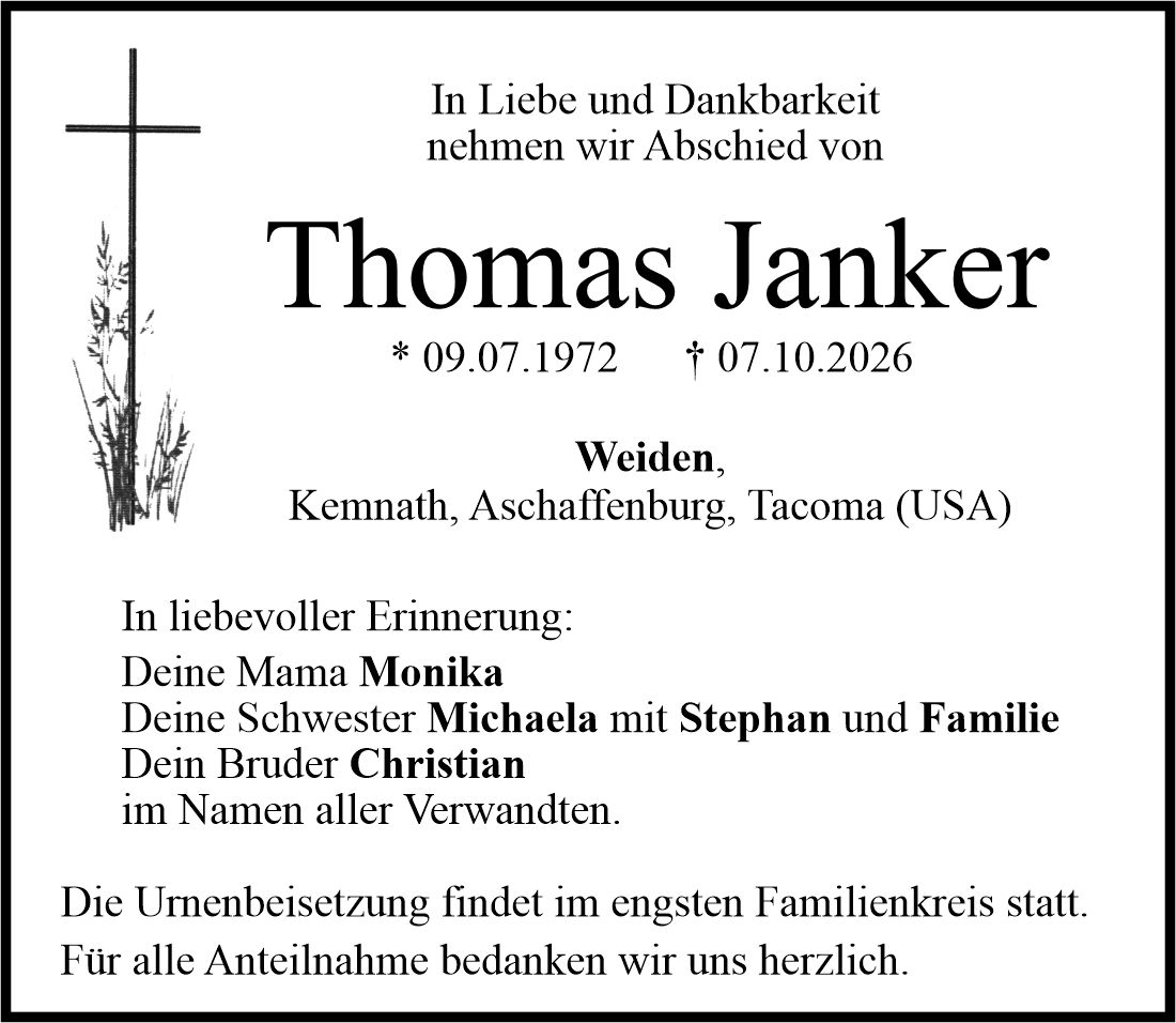 Traueranzeige Thomas Janker, Weiden