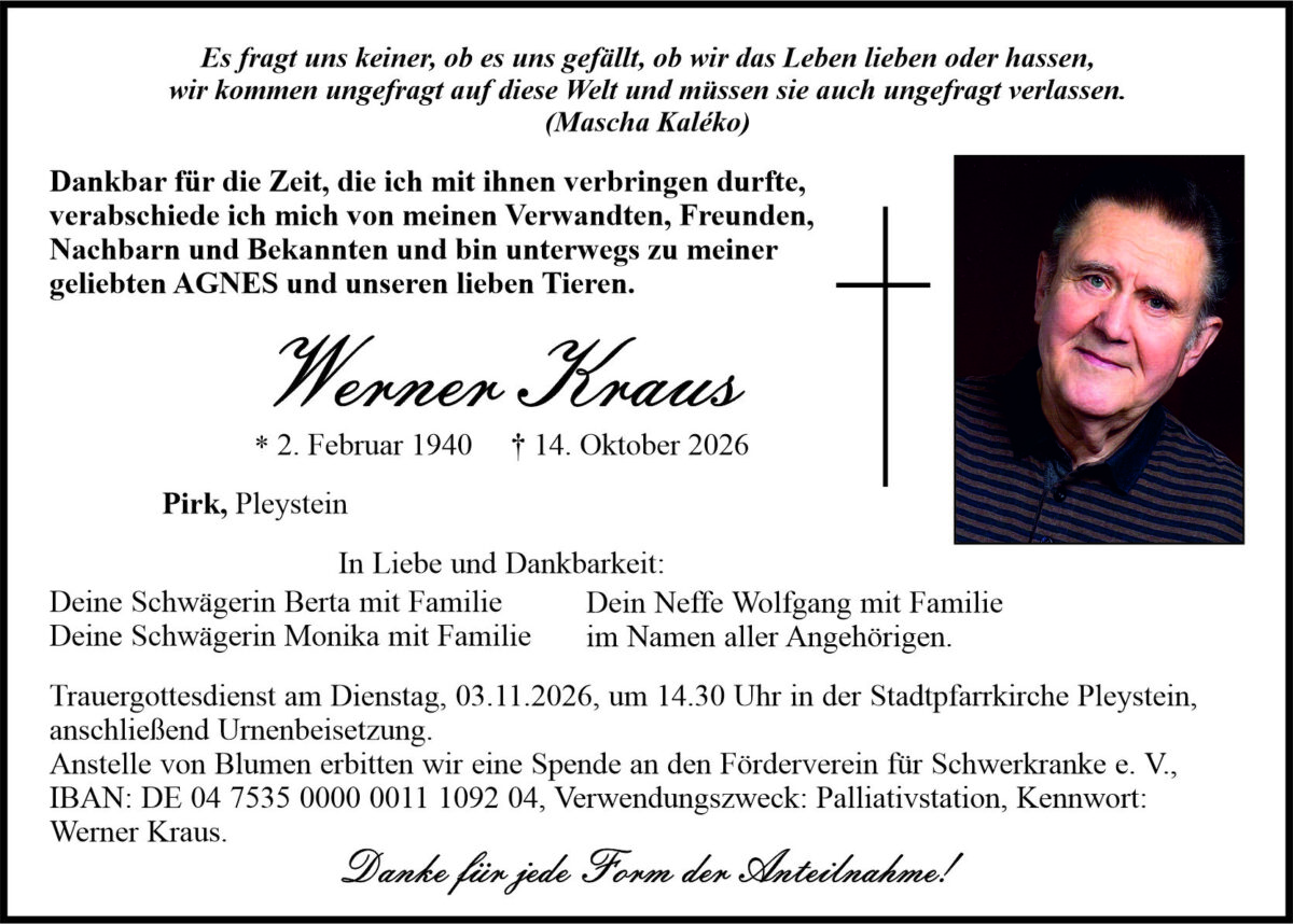 Traueranzeige Werner Kraus, Pirk