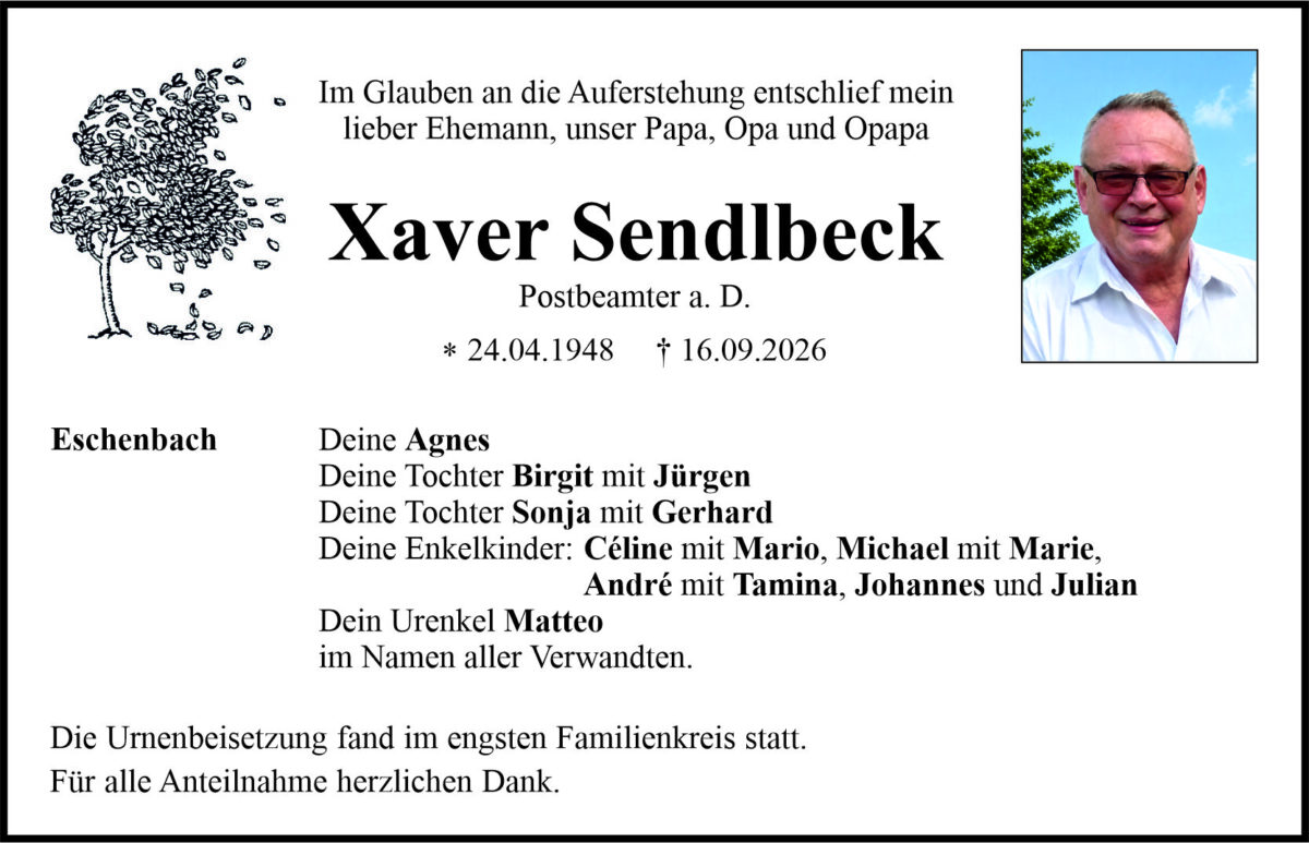 Traueranzeige Xaver Sendlbeck, Eschenbach